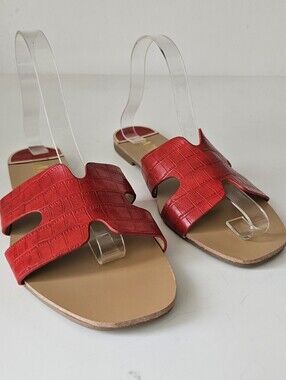 AMS Womens 7.5 Red Croc-Embossed Flat Slide Sandals "H" Cut Out